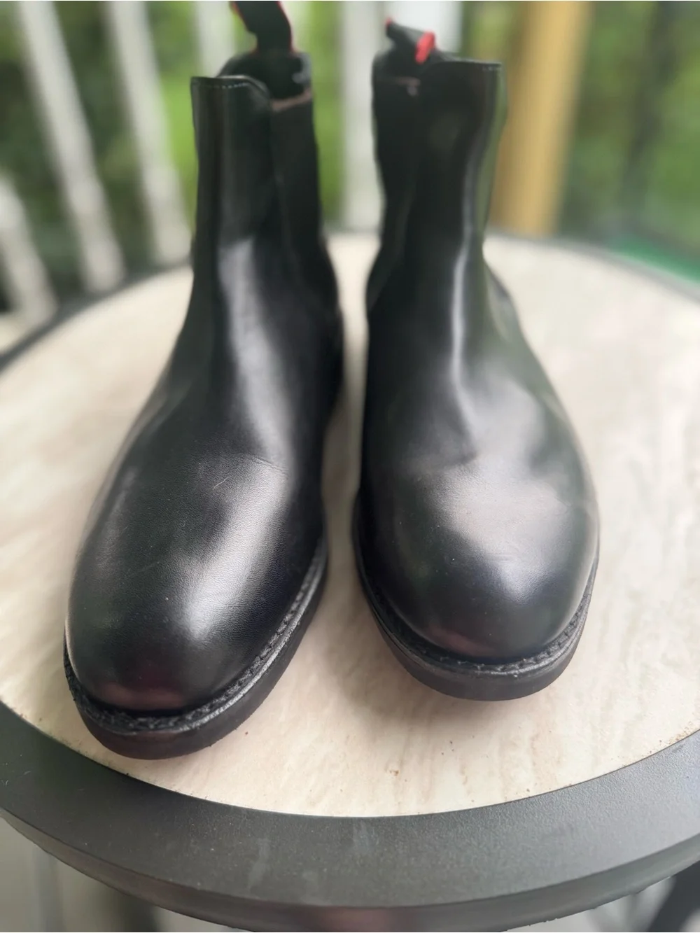 Allen Edmonds Black Leather Nomad Chelsea Boots with Red Heel Pull